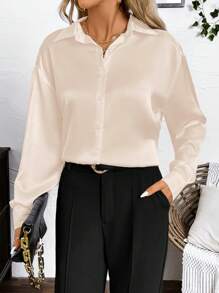 SHEIN Clasi Áo sơ mi dài tay giản dị tối giản màu trơn cho nữ - Rượu sâm banh - Xem 3