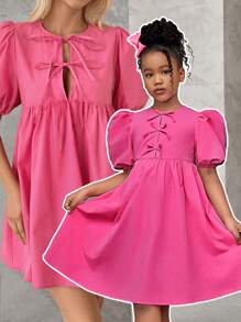 SHEIN Tween 女童休闲宽松蝴蝶装饰圆领泡泡袖迷你连衣裙 - 玫紅色 - 查看 11