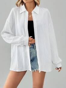 SHEIN Tall Linen Work Blouse Old Fashion Solid Color Long Sleeve Shirt