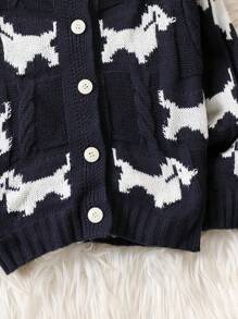 Young Girl Autumn New Round Neck Long Sleeve Cute Puppy Jacquard Striped Trim Cardigan, Lightweight Autumn Jacket For Girls