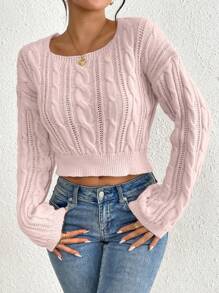Chiquease Women's Solid Color Crew Neck Long Sleeve Knit Sweater Knit Pullover Fall Winter Outfit - Pink - View 7