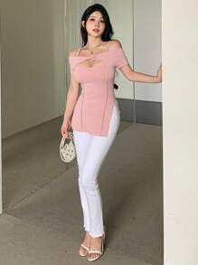 DAZY Camiseta de manga larga asimétrica con abertura de mujer, blusa de hombros descubiertos