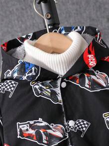 Young Boy Cool Race Car & Letter Graphic Print Thermal Lined Hooded Long Jacket For Fall/Winter, Suitable For Pairing With T-Shirt Or Sweatshirt, Comfortable, Warm And Fashionable Kids Boys Coat