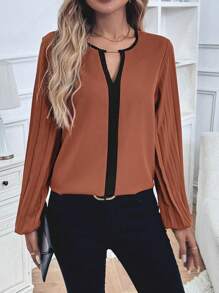 SHEIN LUNE Camisa de manga larga sencilla con bloques de color para mujer - Marrón - Ver 6