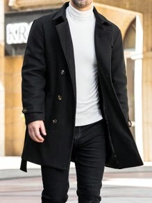 Manfinity Homme Men's Black Autumn Classy Office Double Breasted Trench Coat,Long Sleeve Belted Pocket Jacket,Front Button Business Overcoat Gifts For Husband - Black - View 5