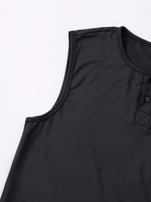 GymBeat Boyfriend Style Men's Solid Color Front Button Placket Letter Print Casual Sleeveless Tank Top School Compression Shirt Men - Black - View 5