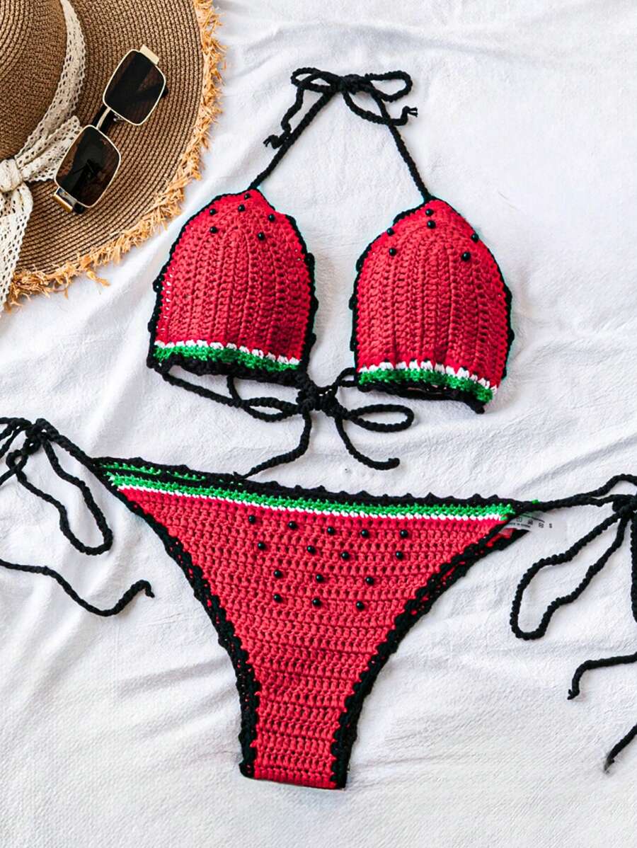 SHEIN Swim 2pcs Women Colorblock Trim Halter Backless Crop Top And Tie Side Triangle Bikini Swimsuit Set Summer - Multicolor - View 1