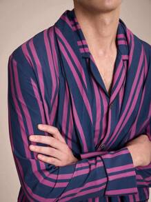 EverLounge Men's Striped Print Pocketed Front Button Belted Long Sleeve Robe - Multicolor - View 2