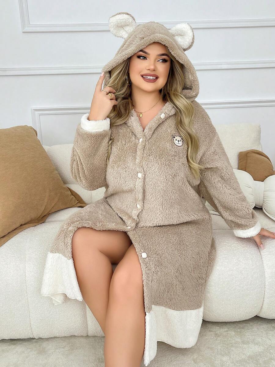 Plus Size Fluffy Hooded Cardigan Nightgown With Bear Ears - Khaki - View 1