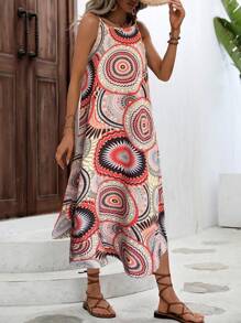 Breezaya 女式圆领无袖印花优雅修身连衣裙 - 黑色 - 查看 3