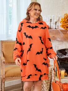 Plus Size Women's Bat Print Hooded Long Sleeve Sweatshirt Pullover Fall Outfit - Multicolor - View 5