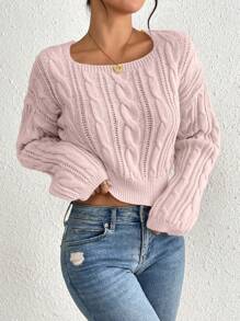 Chiquease Women's Solid Color Crew Neck Long Sleeve Knit Sweater Knit Pullover Fall Winter Outfit - Pink - View 6