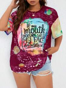 SHEIN LUNE T-shirt décontracté à imprimé de slogan tie-dye, grande taille, été