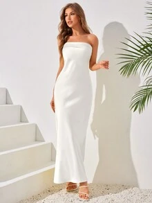 女士纯色优雅抹胸鸡尾酒会礼服派对礼服婚礼宾客礼服春季白色 - 白色 - 查看 3