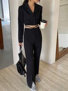 DAZY Conjunto de 2 piezas con blusa de botones con cuello y pantalones para mujer