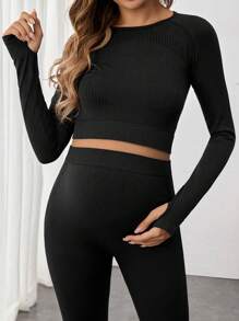 SHEIN Maternity Round Neck Long Sleeve Fitted Casual Solid Color Pullover - Black - View 4