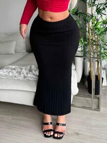 SHEIN SXY Plus Size Casual Mid-Waist Knitted Sweater Skirt , Spring/Autumn , Black