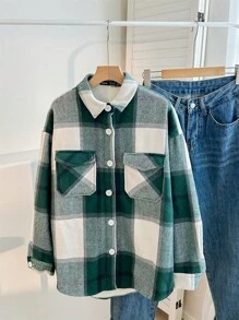 SHEIN Essnce 大码女士秋冬休闲时尚宽松运动大码保暖绿白衬衫纽扣夹克外套、冬季服装、街头服饰、Y2k、保暖外套、保暖衬衫、冬季女士外套