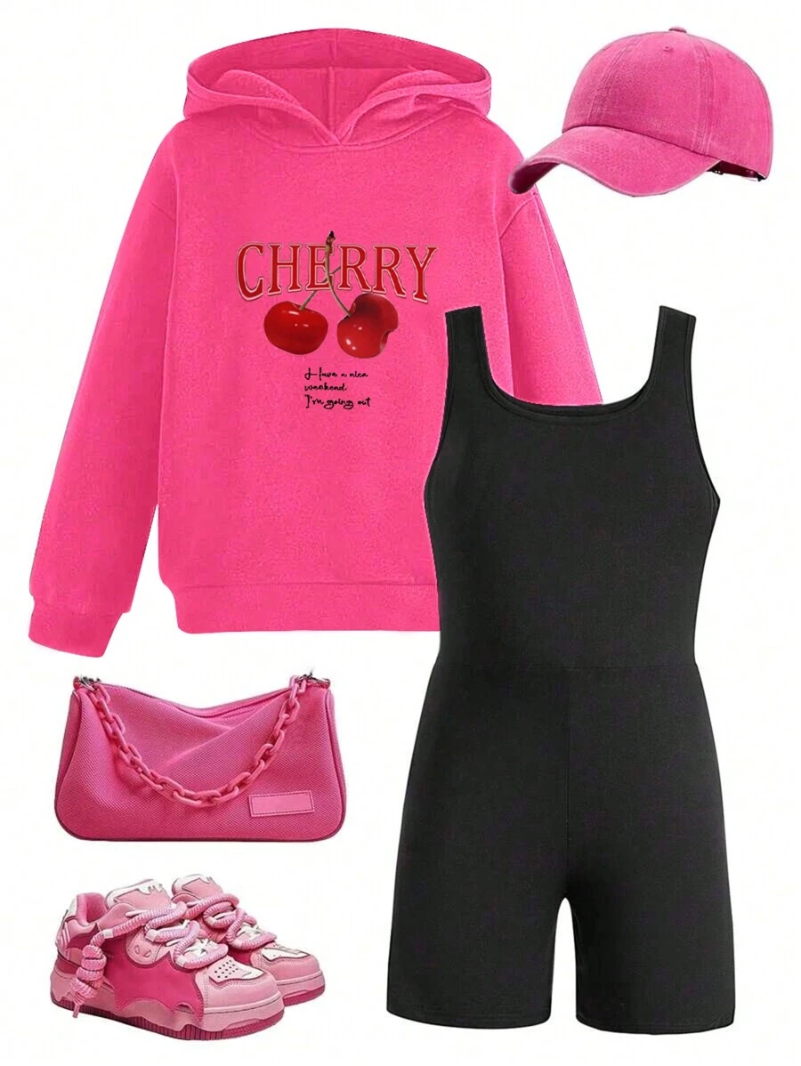Teen Girls 2pcs/Set Fruit & Letter Print Hooded Sweatshirt And Solid Color Sleeveless Jumpsuit Casual Outfit - Hot Pink - View 1