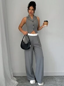 Chiquease 女士休闲商务套装：无袖背心和撞色腰带裤 - 灰色 - 查看 4