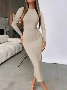 INAWLY Solva 女士圆领长袖合身褶皱优雅甜美大方连衣裙 - 米色 - 查看 3