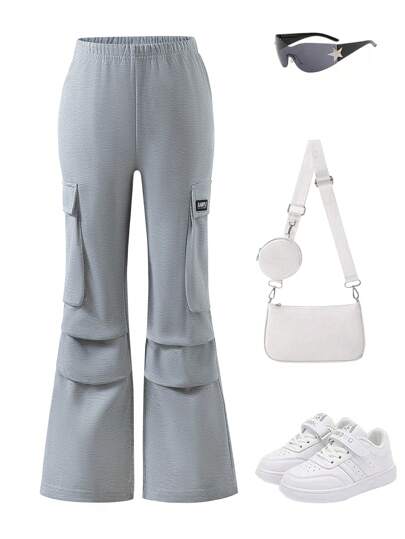 SHEIN Calças plissadas soltas de malha casual para meninas com bolsos grandes, primavera outono