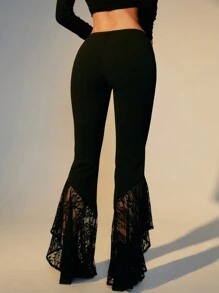 SHEINNeu Damen Slim Fit elegante ausgestellte Spitzen Hose - Weiss - Übersicht 3