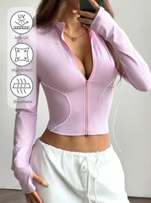 SHEIN EZwear 女士夏季休闲纯色立领短款防晒夹克 - 粉色 - 查看 7