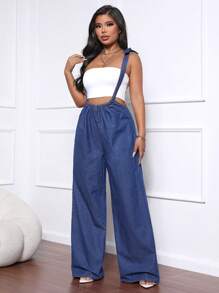 SHEIN SXY Peto vaquero recto y mono de mujer con tirantes cruzados, casual y de moda - Azul - Ver 5