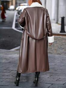 Flirla Plus Size Faux Leather Belted Jacket With Fur Collar And Pockets, Loose Fit - Coffee Brown - View 2