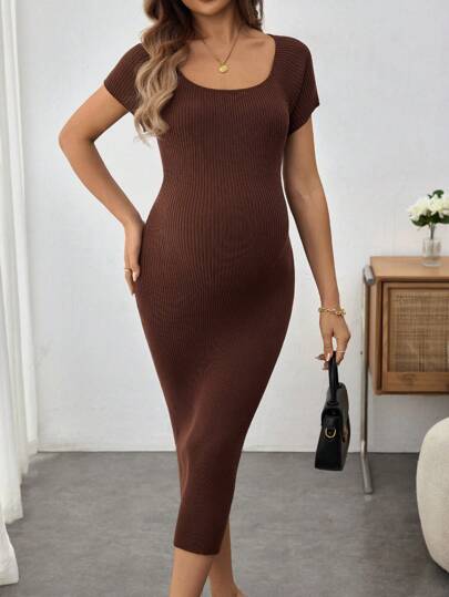 SHEIN Maternity Solid Color Round Neck Raglan Sleeve Short Sleeve Dress