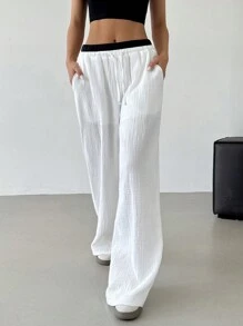 SHEIN EZwear Women's Casual Drawstring Waist Contrast Color Loose Long Pants