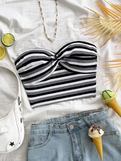 Soleia 女士度假扭纹抹胸条纹短款上衣黑白抹胸上衣女士露肩上衣