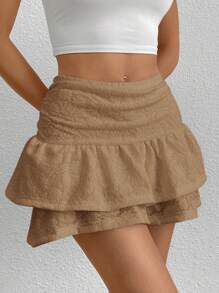 SHEIN PETITE Women's Ruffle Trim Asymmetrical Hem Skirt With Pleats - Khaki - View 6