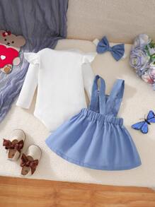 SHEIN 3 chiếc áo tay xếp nếp cổ tròn cho bé gái, váy treo thêu gấu và bộ băng đô - Màu xanh lam - Xem 2