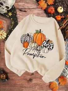 Tween Girls Pumpkin Print Crew Neck Long Sleeve Sweatshirt - Apricot - View 1