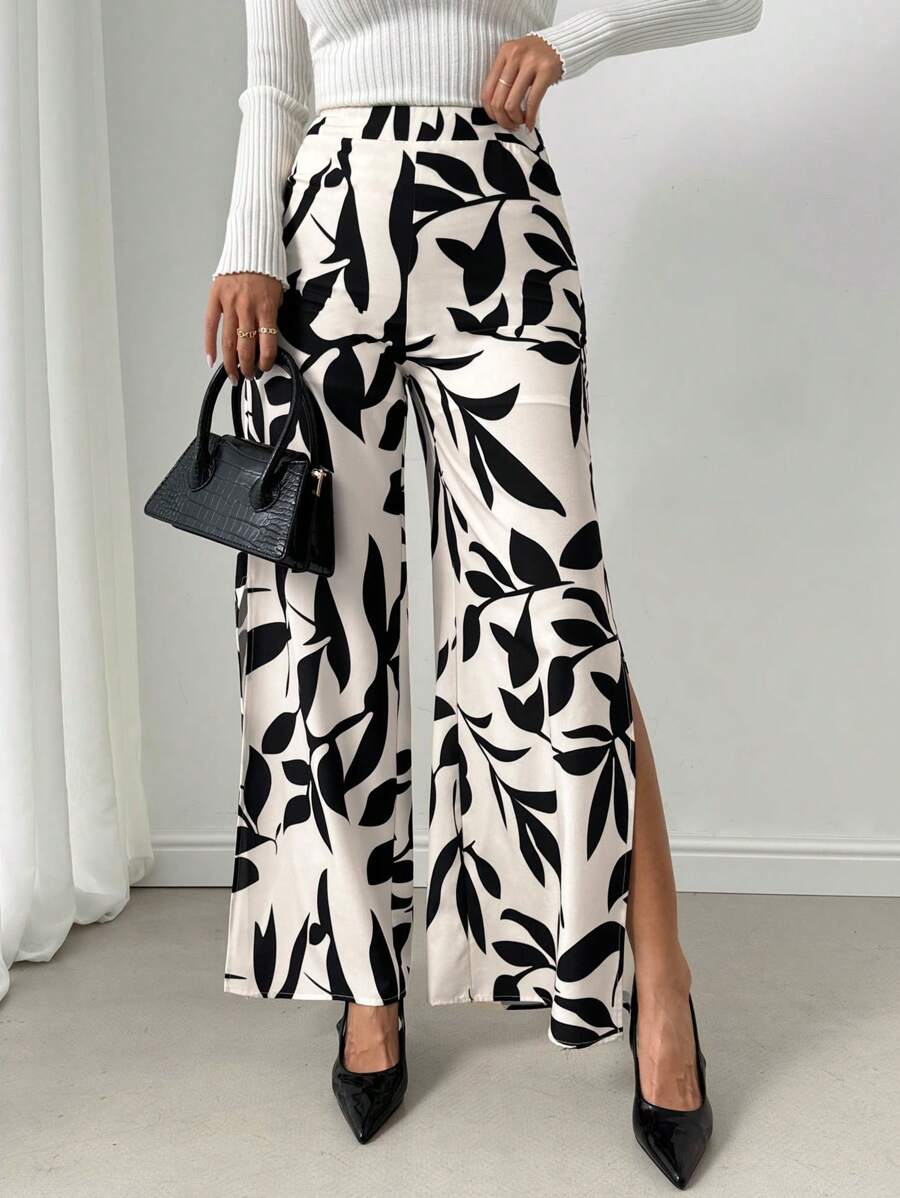 Chiquease Quần nghỉ mát thông thường có đường xẻ bên hông in toàn bộ - Màu be - Xem 1