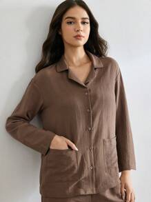 Ocili 2 件套女士纯色纽扣前口袋长袖上衣和裤子家居服套装 - 巧克力棕 - 查看 5