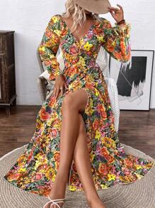 Breezaya Vestido largo envolvente con estampado floral completo para mujer, perfecto para vacaciones y salidas informales. - Multicolor - Ver 1