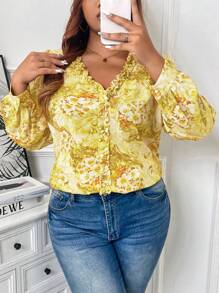 Flirla Plus Size Floral Print Ruffle Hem Long Sleeve Blouse - Yellow - View 4