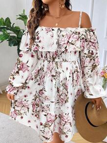 SHEIN LUNE Damen Große Größen Kleid mit Blumenmuster, Rüschen, Off-Shoulder Schnitt und Langarm, elegantes Kurzes Design - Weiss - Übersicht 4