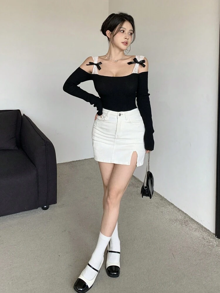 Women's Bowknot Decor Slim Fit Colorblock Ribbed Shoulder Long Sleeve Sweater Fall Off Shoulder Top
