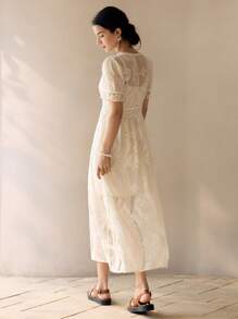Women's Solid Color Simple Daily V-Neck Short Sleeve Lace Patchwork Dress - Beige - View 7
