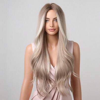 28 英寸渐变浅金色假发，女士长卷发假发，深色发根，时尚优雅，合成纤维假发，适合日常佩戴