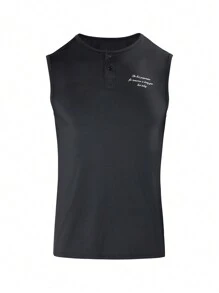 GymBeat Boyfriend Style Men's Solid Color Front Button Placket Letter Print Casual Sleeveless Tank Top School Compression Shirt Men - Black - View 3