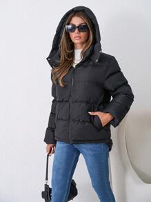 SHEIN Tall Tall Ladies Zip Up Hooded Puffer Coat - Black - View 5