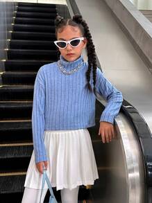 SHEIN Explorewe 2pcs Tween Girls' Knitted Ribbed Turtleneck Long Sleeve Top + Simple Flared Skirt Set - Multicolor - View 5