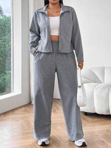 Flirla 2 件大码休闲纯色保暖内衬上衣和裤子套装，秋冬