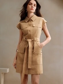 Anewsta Summer Solid Color Sleeveless Versatile Jumpsuit Dress - Khaki - View 3