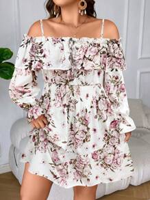 SHEIN LUNE Damen Große Größen Kleid mit Blumenmuster, Rüschen, Off-Shoulder Schnitt und Langarm, elegantes Kurzes Design - Weiss - Übersicht 6